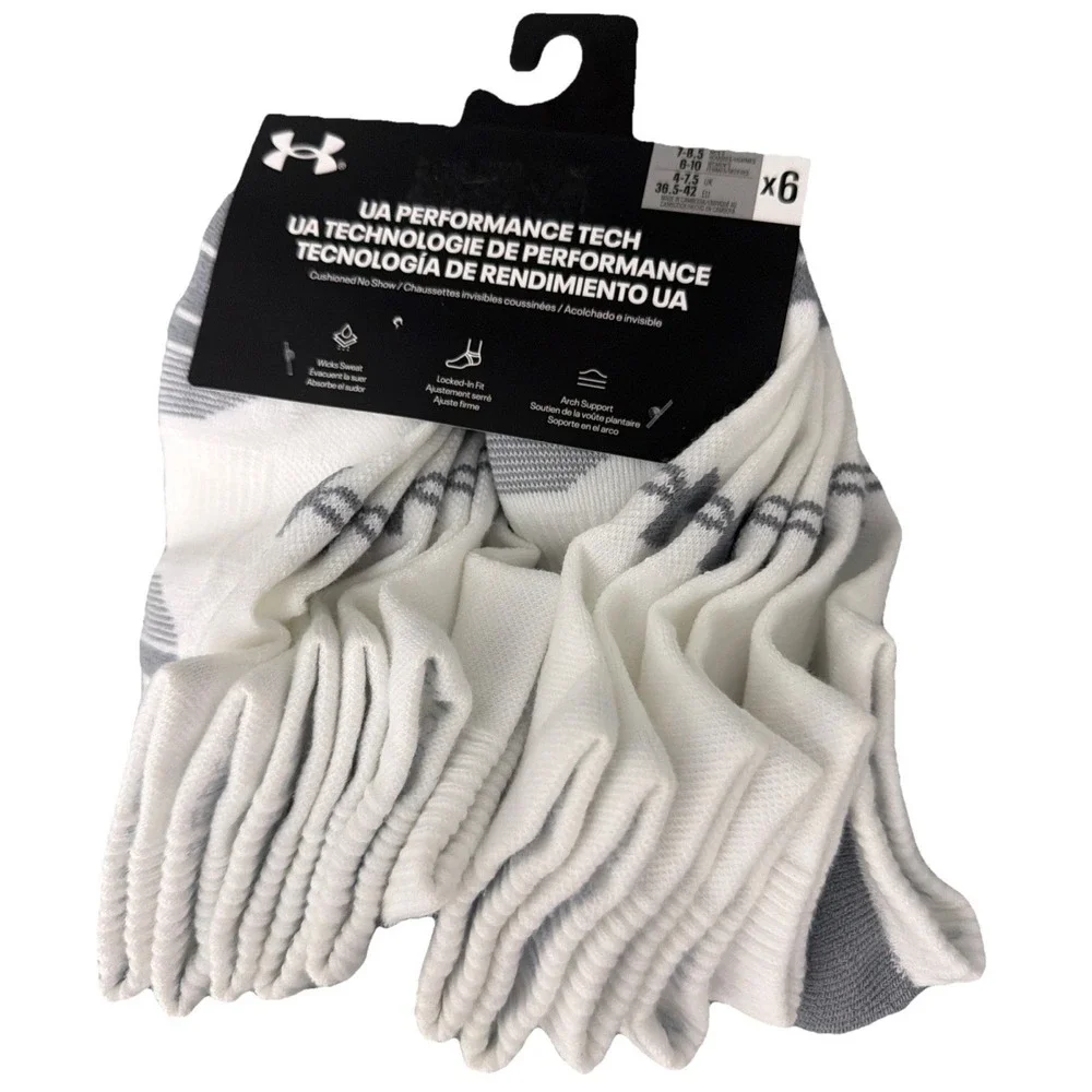 Under Armour Unisex's UA Performance Tech White/gray 6-Pack Low Cut Socks New